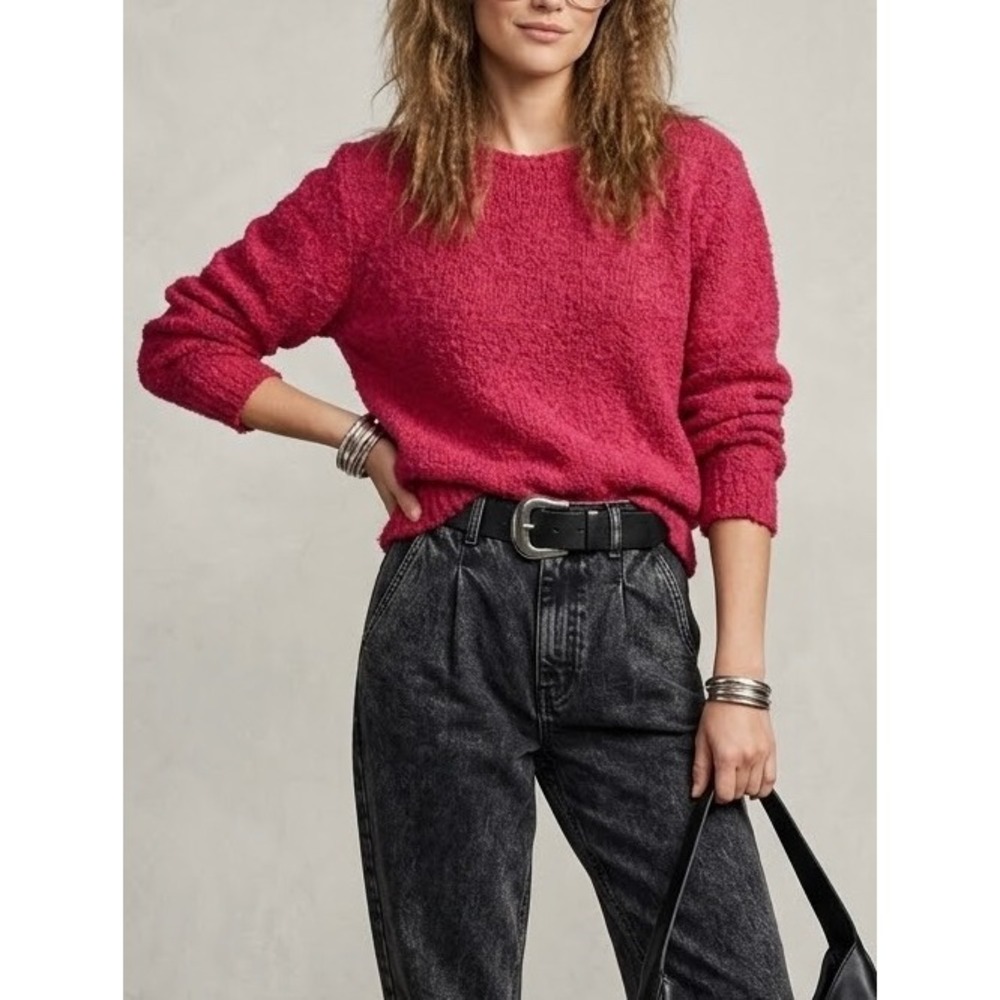 Vintage Hot Pink Boucle Knit Sweater Large Fuchsia Barbie 80s Retro Grandma